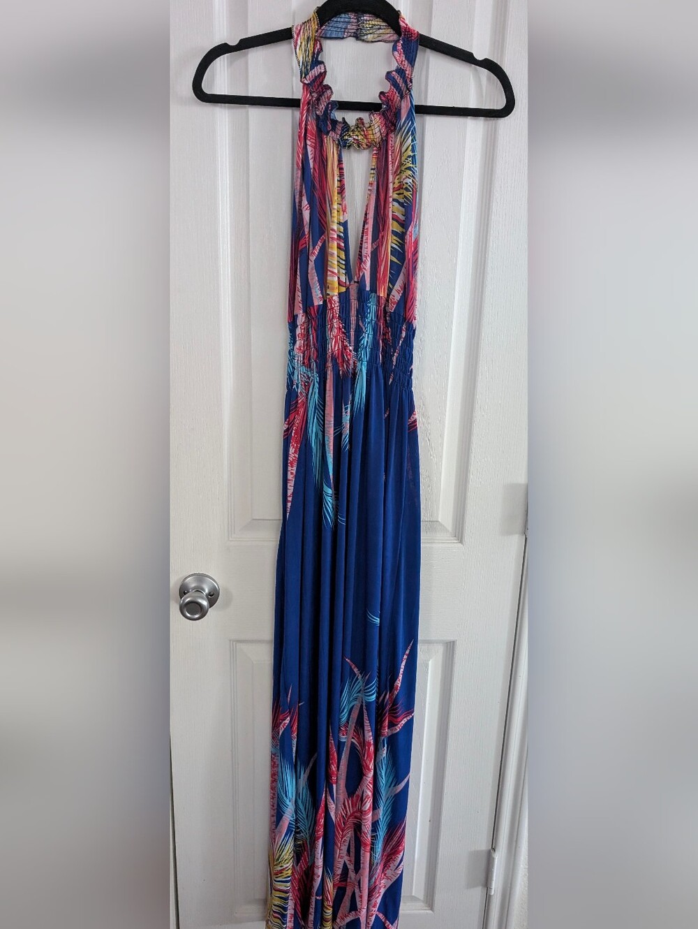 Navy Tropical Print Halter Dress